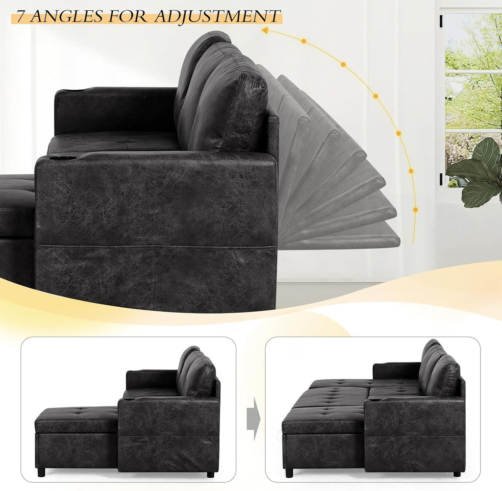 84' Suede Leather Pull Out Sofa Bed w/Adjustable Backrest, Sectional Sleeper Couch w/Storage Chaises and Armrest Pillows, U-Shape Sofa Bed w/USB Port for Living Room, House, Black