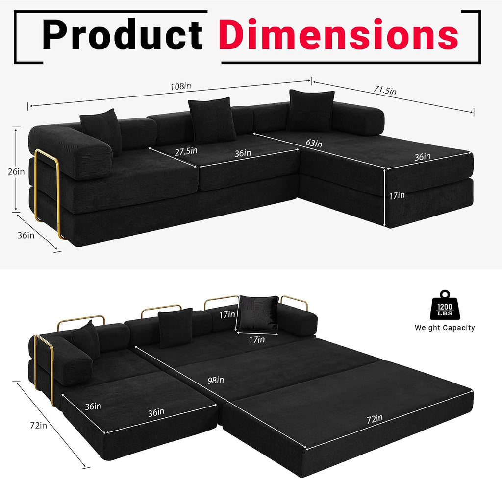 ivoros 108' Oversized Convertible Sleeper Sofa Bed, Corduroy L Shape Sectional Couch, Folding Sofa Bed with Fixed-Shape Frame, Modern Cloud Floor Mattress Couch, Modular Sofa for Living Room, Black