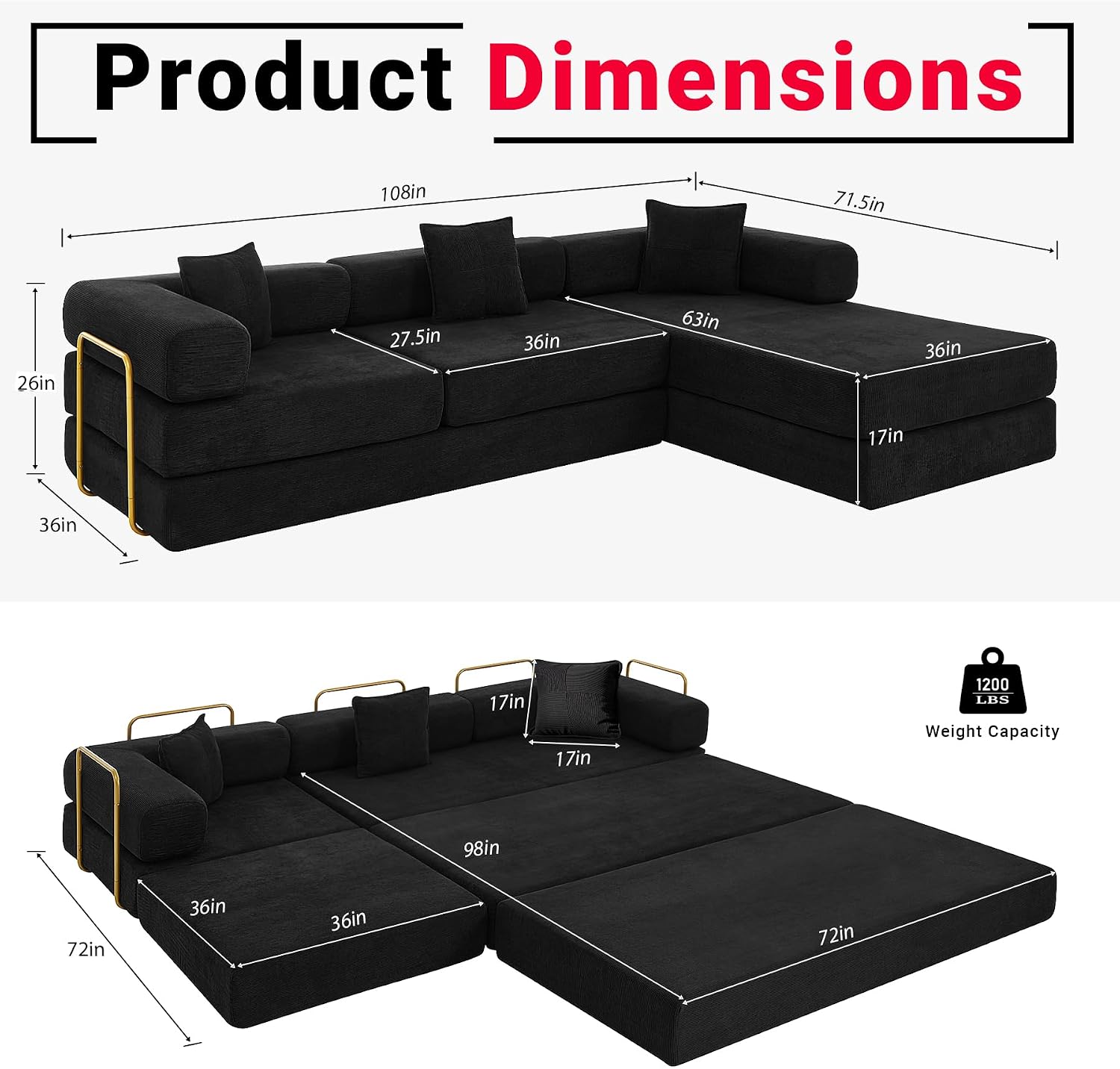 ivoros 108' Oversized Convertible Sleeper Sofa Bed, Corduroy L Shape Sectional Couch, Folding Sofa Bed with Fixed-Shape Frame, Modern Cloud Floor Mattress Couch, Modular Sofa for Living Room, Black