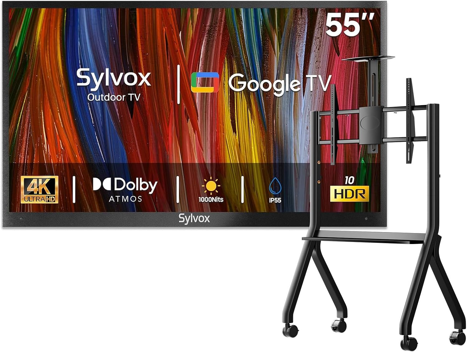 SYLVOX Outdoor TV with Rolling Stand, 55 inch 4K Smart TVs, Weatherproof & IP56 Waterproof, Support Google Assistant, Chromecast, 1000 nit Brightness Partial Sun (Deck Pro 3.0/2026)