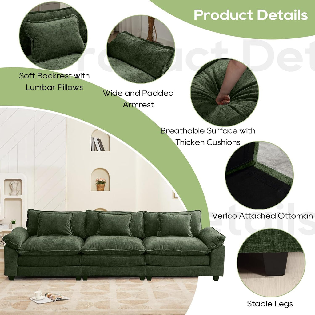 Oprisen 120' Modular Sectional Sofa, Comfy Cloud Couch Sectional, Chenille Sofa Sleeper Deep Seat Sofa with Throw Pillows for Living Room (Green, 120'- 3 Seater)