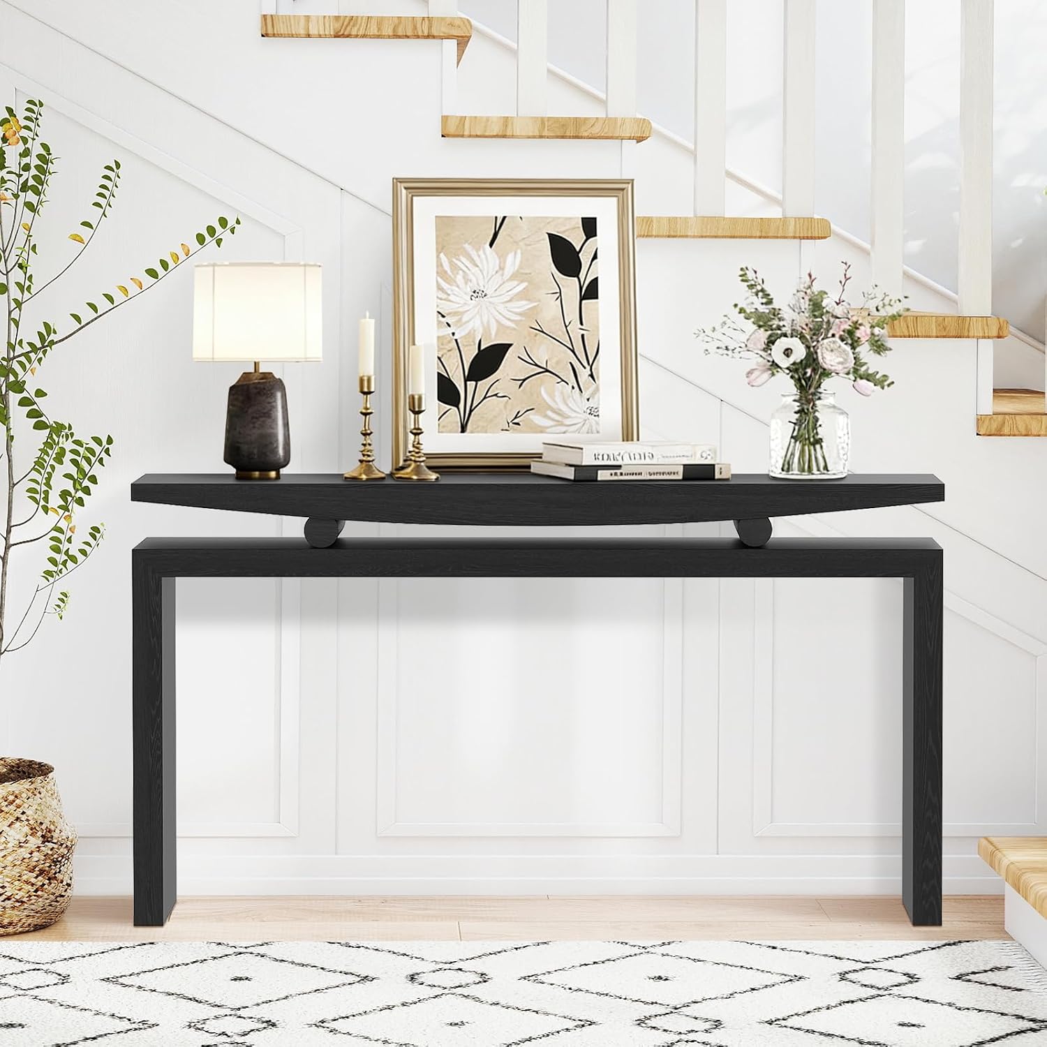LKTART Modern Black Console Table Solid Wood Sofa Table Behind Couch Hallway Table for Entryway Large Farmhouse Foyer Tables for Living Room Entrance