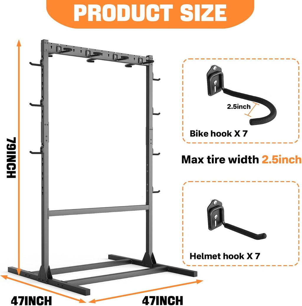 TORACK Freestanding Bike Storage Stand for Garage, Heavy Duty 7 Bikes and 7 Helmets Vertical Bike Storage Stand Floor Bikes Storage Rack