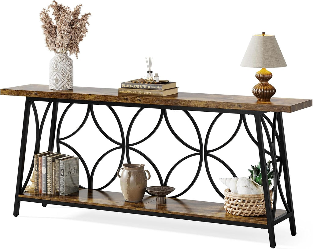 Celaform 70.9-Inch Sofa Table, 2-Tier Narrow Console Table with Storage for Living Room, Entryway, Hallway, Foryer, Geometric Pattern Design (Rustic Brown)