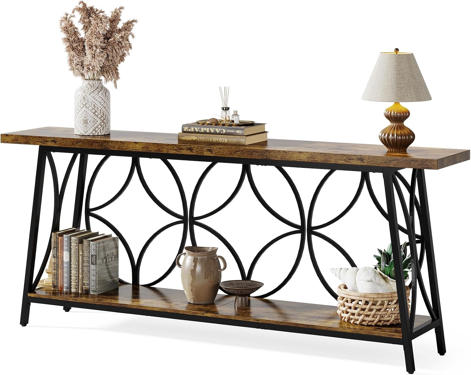 Celaform 70.9-Inch Sofa Table, 2-Tier Narrow Console Table with Storage for Living Room, Entryway, Hallway, Foryer, Geometric Pattern Design (Rustic Brown)