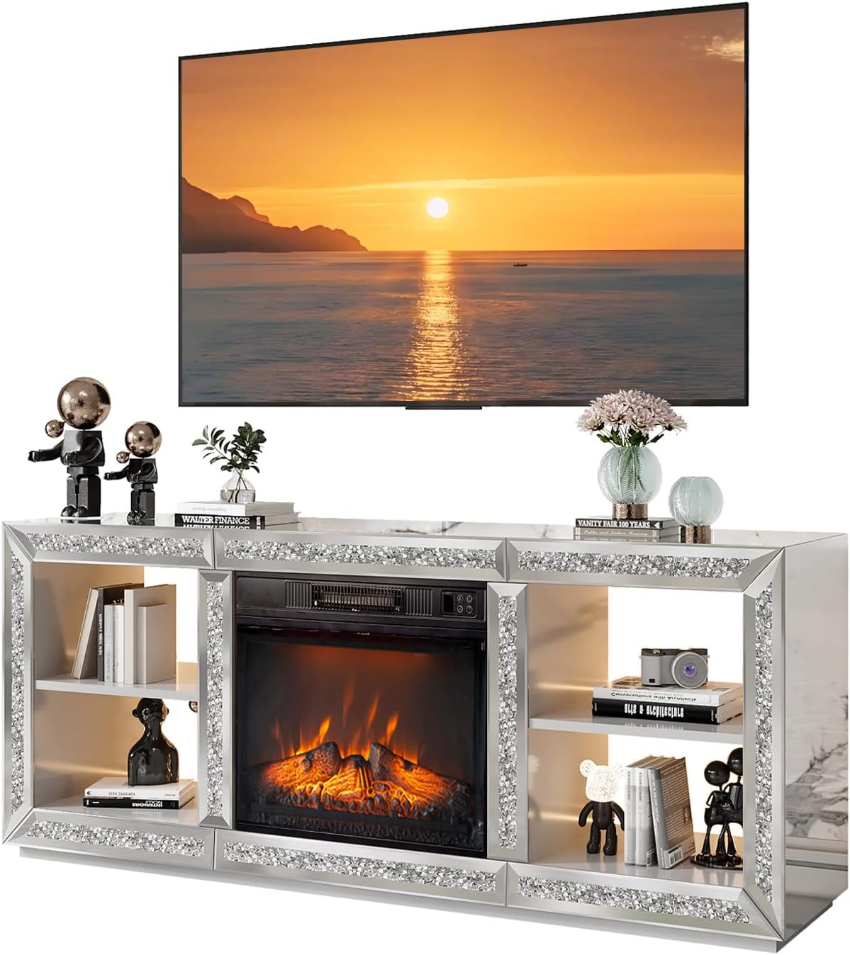 Bonnlo Mirrored Fireplace TV Stand for 70' TV, Diamond Entertainment Center with Shelves & 20 Color LED Lights, Modern Electric Fireplace TV Stand for Living Room/Bedroom (Assembled)