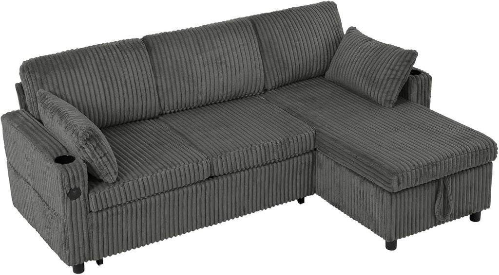 84' Corduroy Pull Out Sofa Bed w/Adjustable Backrests, Sectional L-Shape Sleeper Sofa w/Storage Chaise, Convertible Couch Bed w/USB Charging Port & Cup Holders for Living Room, House, Grey