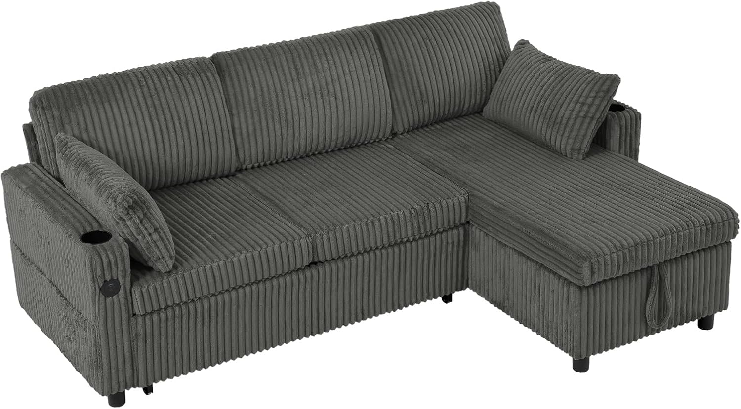 84' Corduroy Pull Out Sofa Bed w/Adjustable Backrests, Sectional L-Shape Sleeper Sofa w/Storage Chaise, Convertible Couch Bed w/USB Charging Port & Cup Holders for Living Room, House, Grey