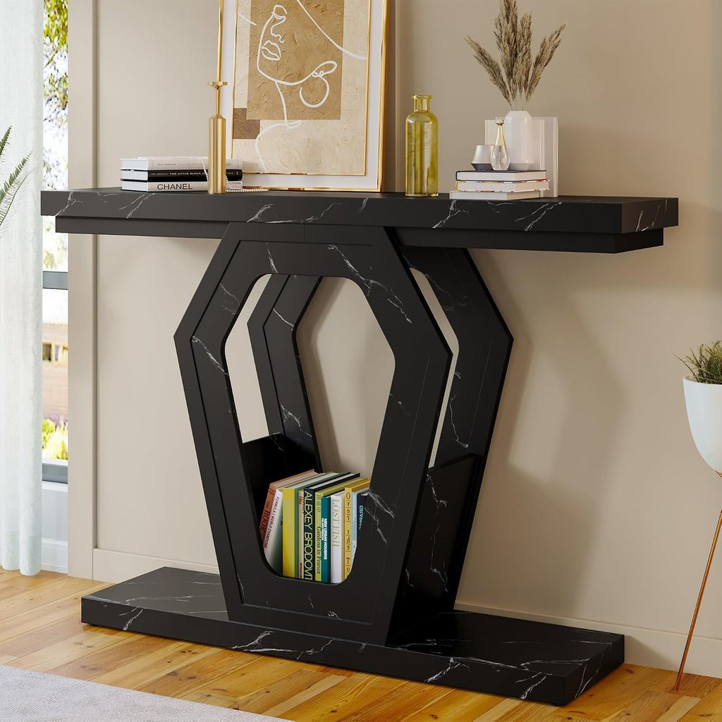 FUSUNBAO 47.3' Console Table,Openwork Bracket Sofa Table, Wood Narrow Entryway Table for Hallway, Behind The Couch, Living Room, Foyer, Easy Assembly (Black Marble Texture)
