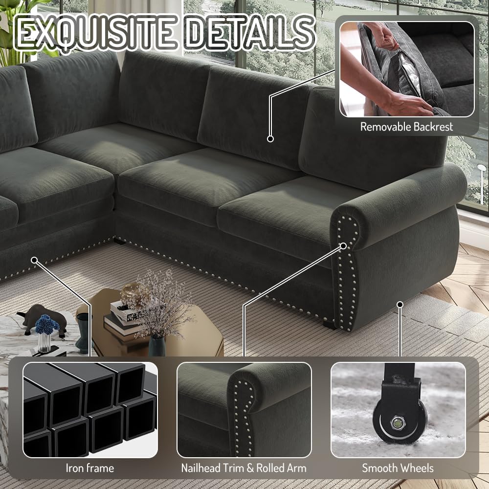 118'' Sleeper Sofa Bed with Pull Out Couch Bed, Chenille L Shaped Sectional Sofa with Nailhead Trim & Rolled Arm, 6 Seater Corner Sectional Couches for Living Room Furniture, Dark Grey