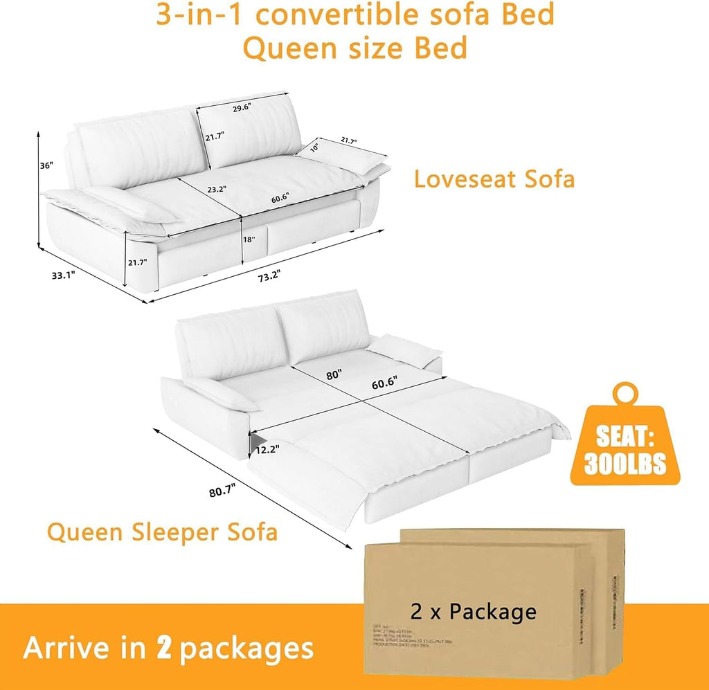 73.2' Sofa Bed Queen Size, Pull Out Couch Bed, 3-in-1 Convertible Sleeper Sofa with Cushion Armrest, Modern Corduroy Futon Couch for Living Room, Small Space, Apartment, Bedroom, Orange
