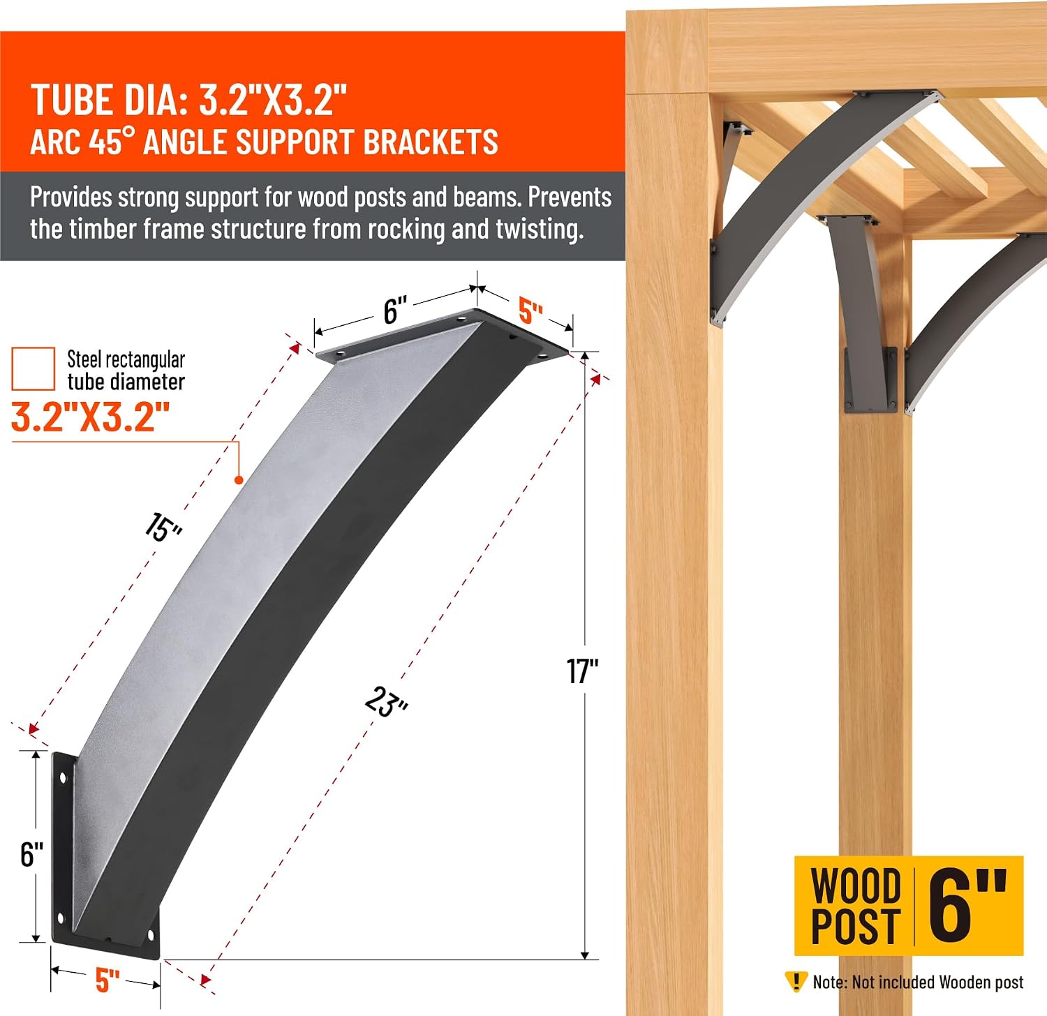 Heavy Duty Integrated Arc 4''x4''(Actual Tube Dia: 3.2''x 3.2'') 45 Degree Angle Support Pergola Brackets Q235-Steel 8Pack