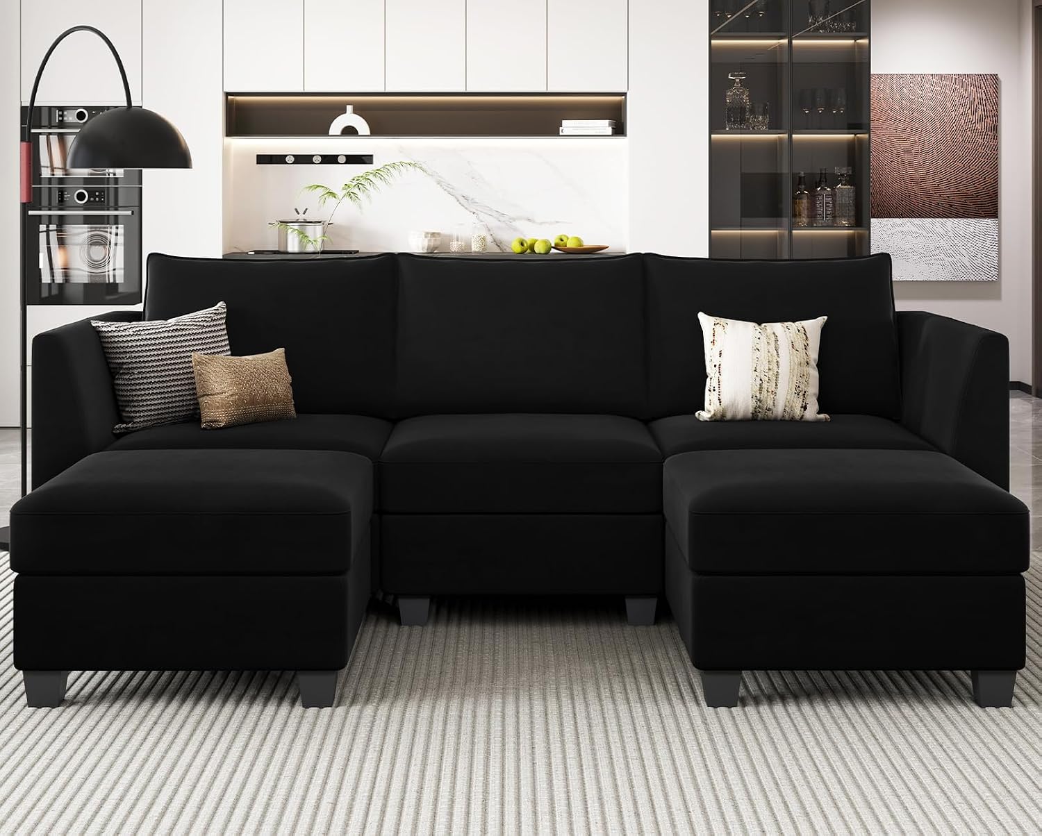 Belffin Modular Sectional Sofa with Double Chaise Velvet U Shaped Sofa Reversible Sectional Couch with Storage Black