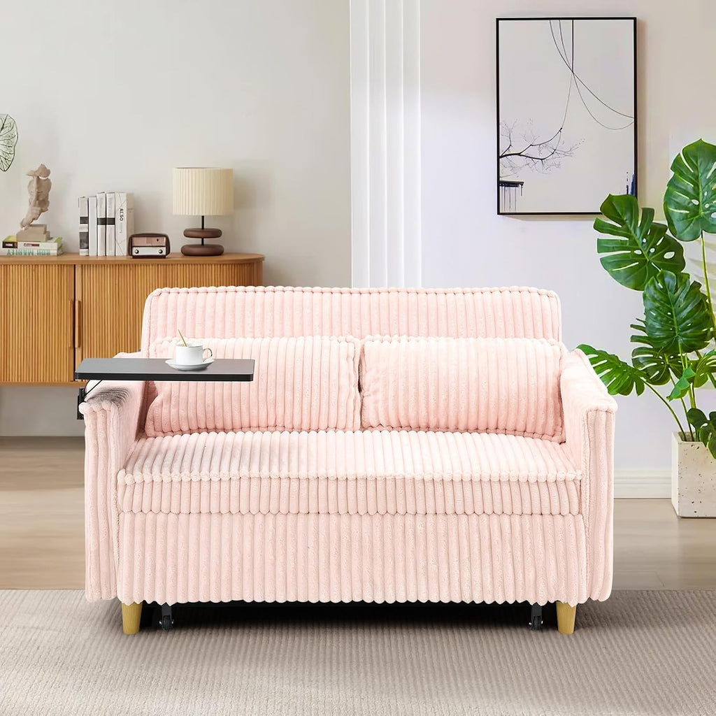 54'W Convertible Sleeper Sofa Bed,3-In-1 Corduroy Pull Out Couch Bed,Futon Loveseat Sleeper Couch with Adjustable Backrest & USB Ports & Side Table,Recliner for Living Room/Office/Small Space(Pink)