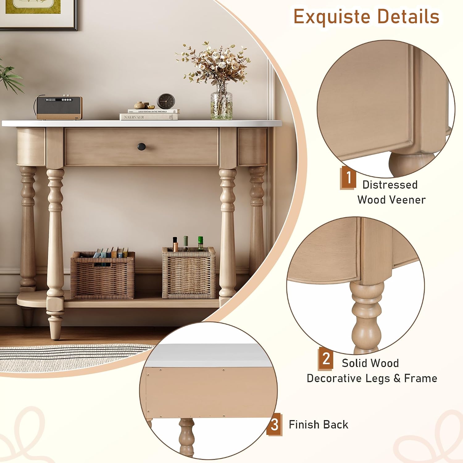 Small Curved Console Table 36-Inch Retro Farmhouse Entryway Sofa Table with Drawer & Storage Shelf for Entry Hallway Foyer Living Room Furniture, Solid Wood Legs, Space-Saving, Beige