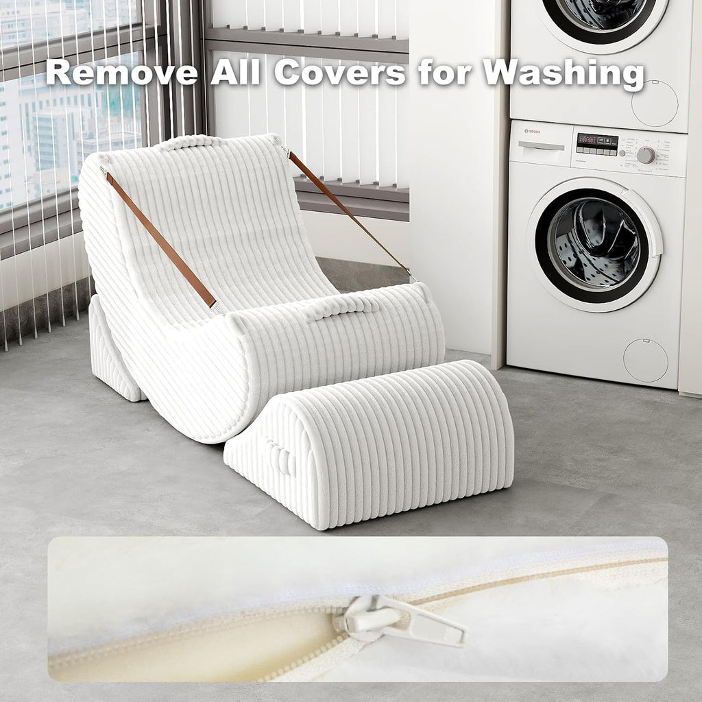 3-in-1 Adjustable Zero Gravity Floor Chair, Oversized Corduroy Boneless Chair for Adults with Memory Foam & Washable Cover, Silent Rocker Recliner Lounge Chair for Reading, Nursing, Gaming, White