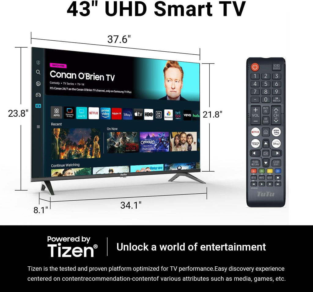 TuTu 43 Inch 4K UHD LED Smart TV with Tizen OS TV Compatible HDR 10, MEMC, Dolby Audio, Voice Remote, WiFi, Bluetooth, Streaming Television(2025 Model)