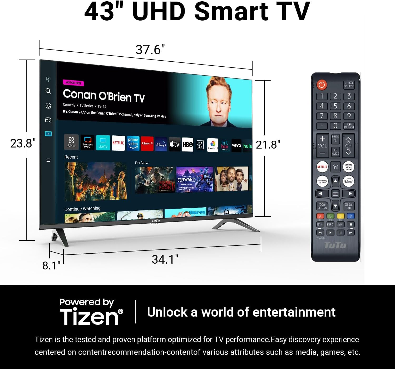 TuTu 43 Inch 4K UHD LED Smart TV with Tizen OS TV Compatible HDR 10, MEMC, Dolby Audio, Voice Remote, WiFi, Bluetooth, Streaming Television(2025 Model)
