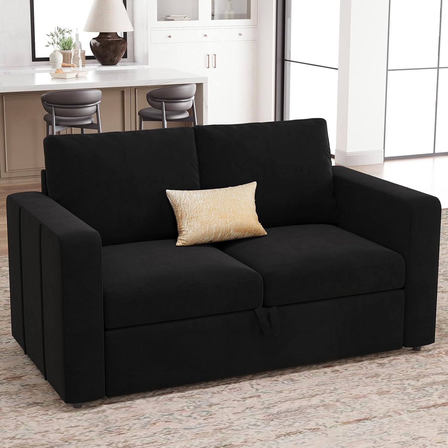 Belffin Modular Sectional Sleeper Sofa with Pull Out Couch Bed Velvet Fabric Loveseat Sleeper Sectional Couch for Living Room Apartment Black