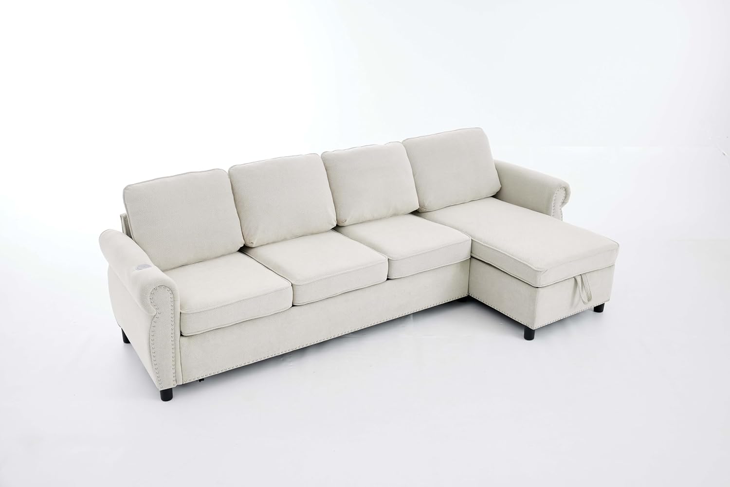 106.5'' Sectional Sofa Bed Full, Sleeper Sofa Bed, Flannel L-Shaped Couch with Mattress, Convertible Pull Out Couch, Wireless Charging, USB, Storage Chaise for Living Room, Small Space, Beige