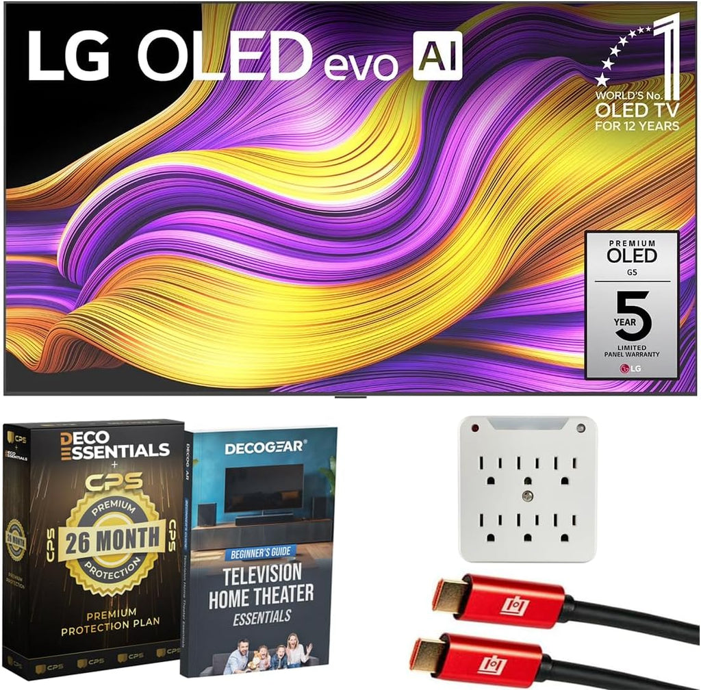 LG 83' G5 OLED evo 4K UHD TV with One Wall Design 2025 Bundle with Deco Essentials CPS Exclusive 26 Month Protection, 2X HDMI Cable, Surge Adapter & Deco Gear Home Theater Beginner's Guidebook