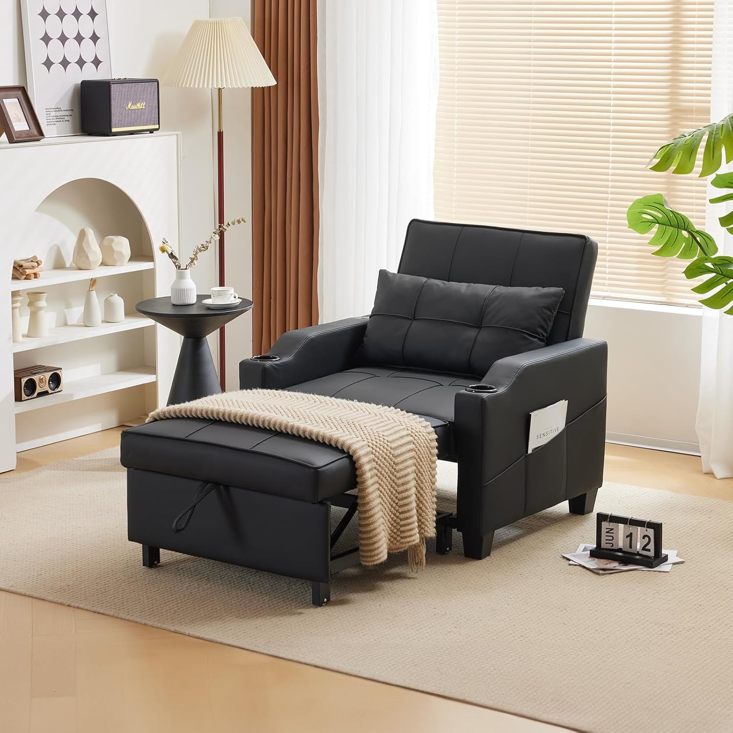 VINGLI Sleeper Chair 3-in-1 Convertible Sofa Bed Adjustable Recliner Sofa Modern Pull Out Couch Bed with 2 USB Ports 2 Cup Holders 2 Side Pockets for Living Room Bedroom Small Spaces, Black