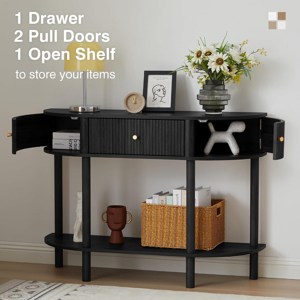 XUZENEST 43.3' Fluted Half Moon Console Table, Modern Entryway Console Sofa Table with Storage, Narrow Wood Accent Tables Behind Couch Tables for Living Room, Hallway, Foyer(Black)