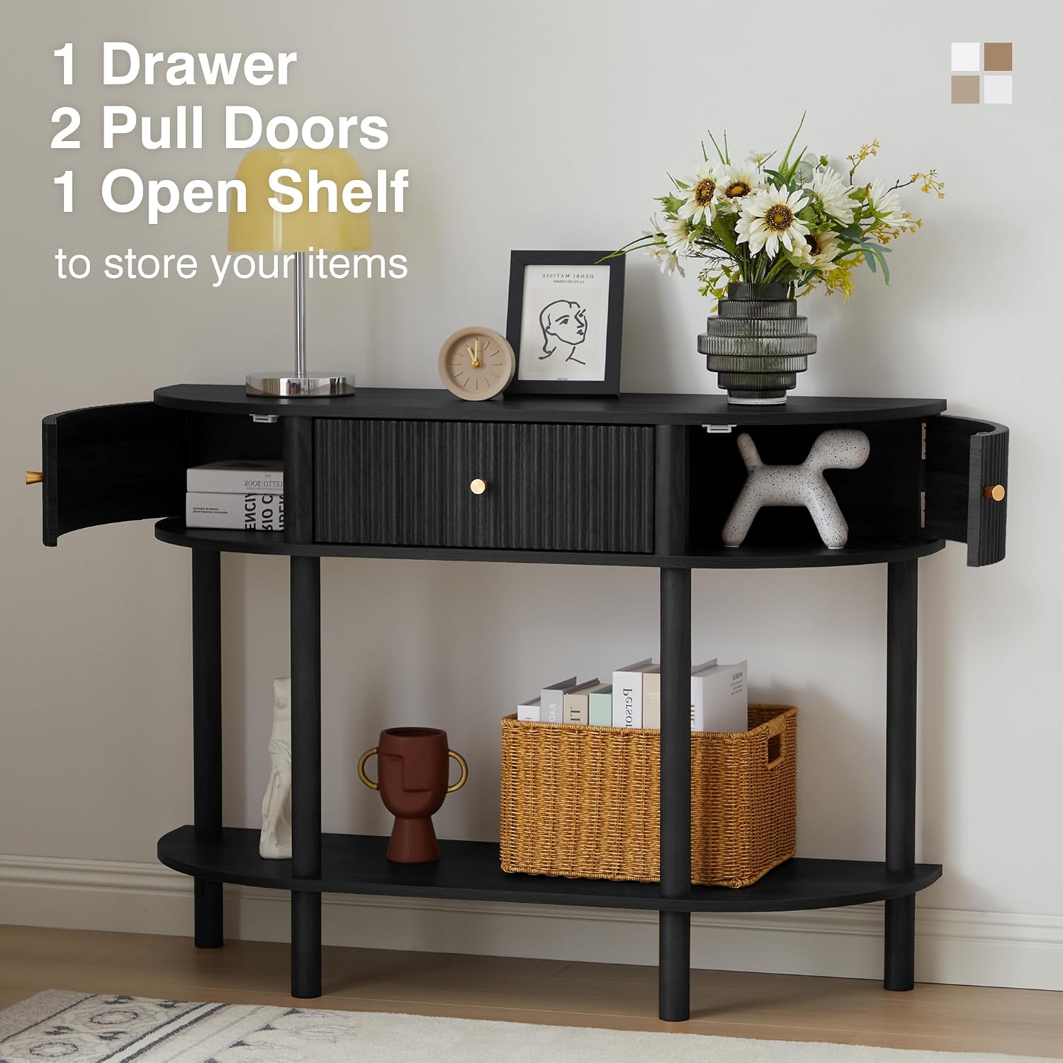 XUZENEST 43.3' Fluted Half Moon Console Table, Modern Entryway Console Sofa Table with Storage, Narrow Wood Accent Tables Behind Couch Tables for Living Room, Hallway, Foyer(Black)