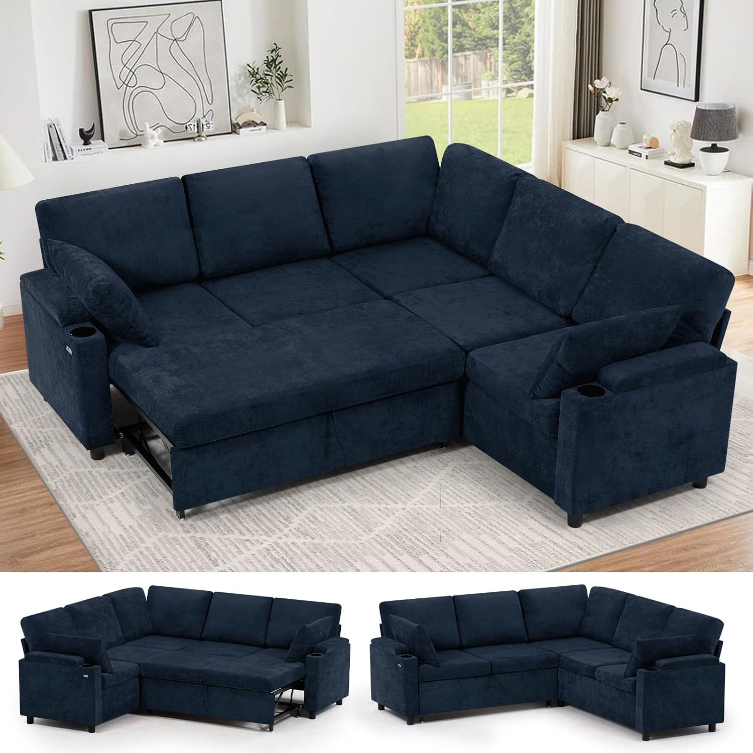 85' Chenille Reversible Sectional Sofa w/Pull-Out Bed, Upholstery L-Shaped Couch w/Storage Armrests & Cup Holders, Modern Corner Sofa w/USB Charging Port & Throw Pillow for Living Room, Blue