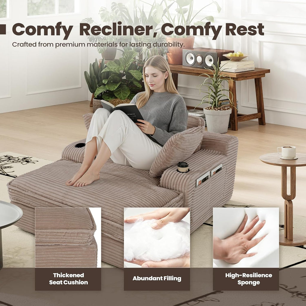 MALOL 67' Chaise Lounge Chair Indoor, Cozy Oversized Fluffy Sofa with Cup Holders & Throw Pillows, Boneless Sleeper Cloud Couch for Living Room, Movie Room and Apartments, Camel