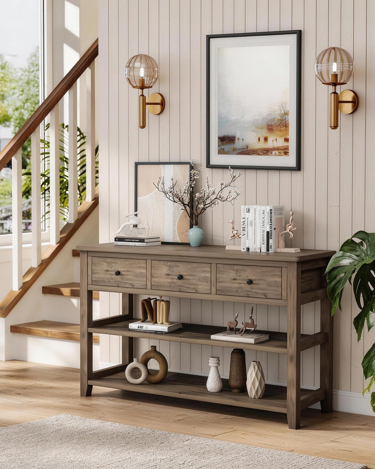 Karl home Console Table with 3 Drawers, 47' Farmhouse Wash Grey Entryway Sofa Table with Silent Slide Rails & Anti-Fall Guardrails for Hallway, Living Room, Foyer, Office