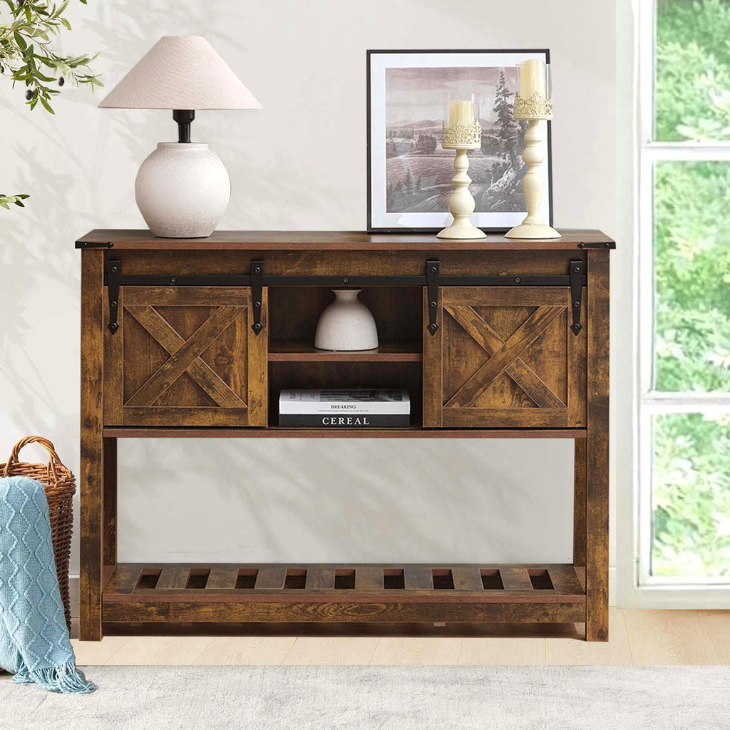 Brown Farmhouse Entryway Table, Rustic Hallway Table with Storage Shelf, Sofa Table with Sliding Barn Doors for Hallway, Entryway, Living Room, Foyer