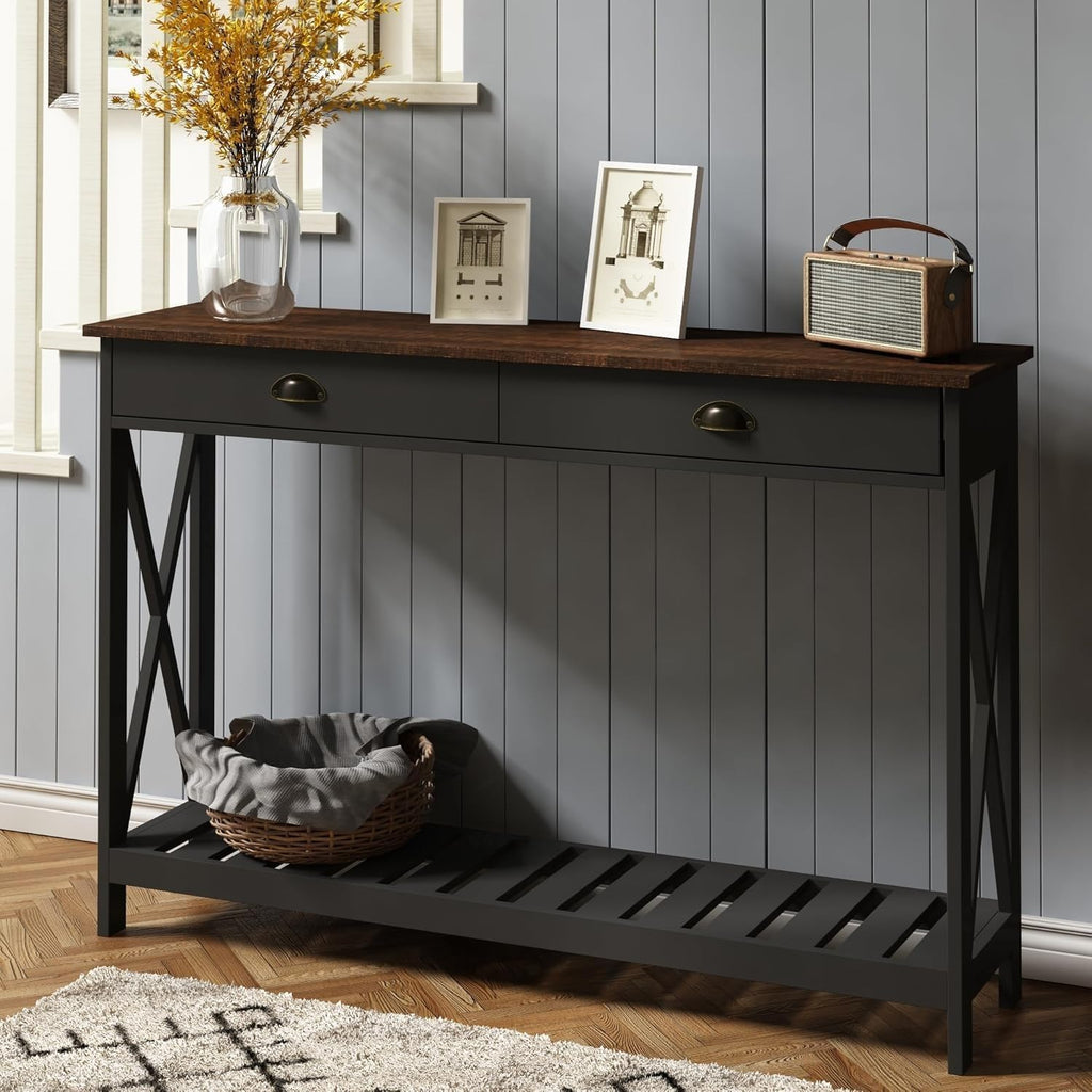 ChooChoo 47' Farmhouse Console Table with Drawer for Entryway, Narrow Long Entry Table with Shelf for Living Room, Rustic Vintage Hallway Sofa Table with Stable X Supports, Black