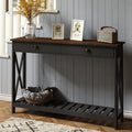 ChooChoo 47' Farmhouse Console Table with Drawer for Entryway, Narrow Long Entry Table with Shelf for Living Room, Rustic Vintage Hallway Sofa Table with Stable X Supports, Black