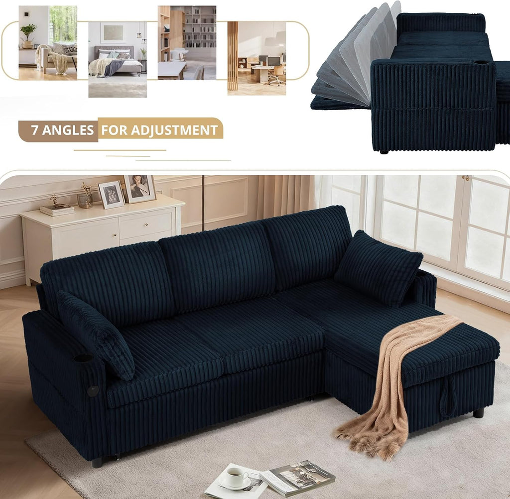 84' Corduroy Pull Out Sofa Bed w/Adjustable Backrests, Sectional L-Shape Sleeper Sofa w/Storage Chaise, Convertible Couch Bed w/USB Charging Port & Cup Holders for Living Room, House, Blue