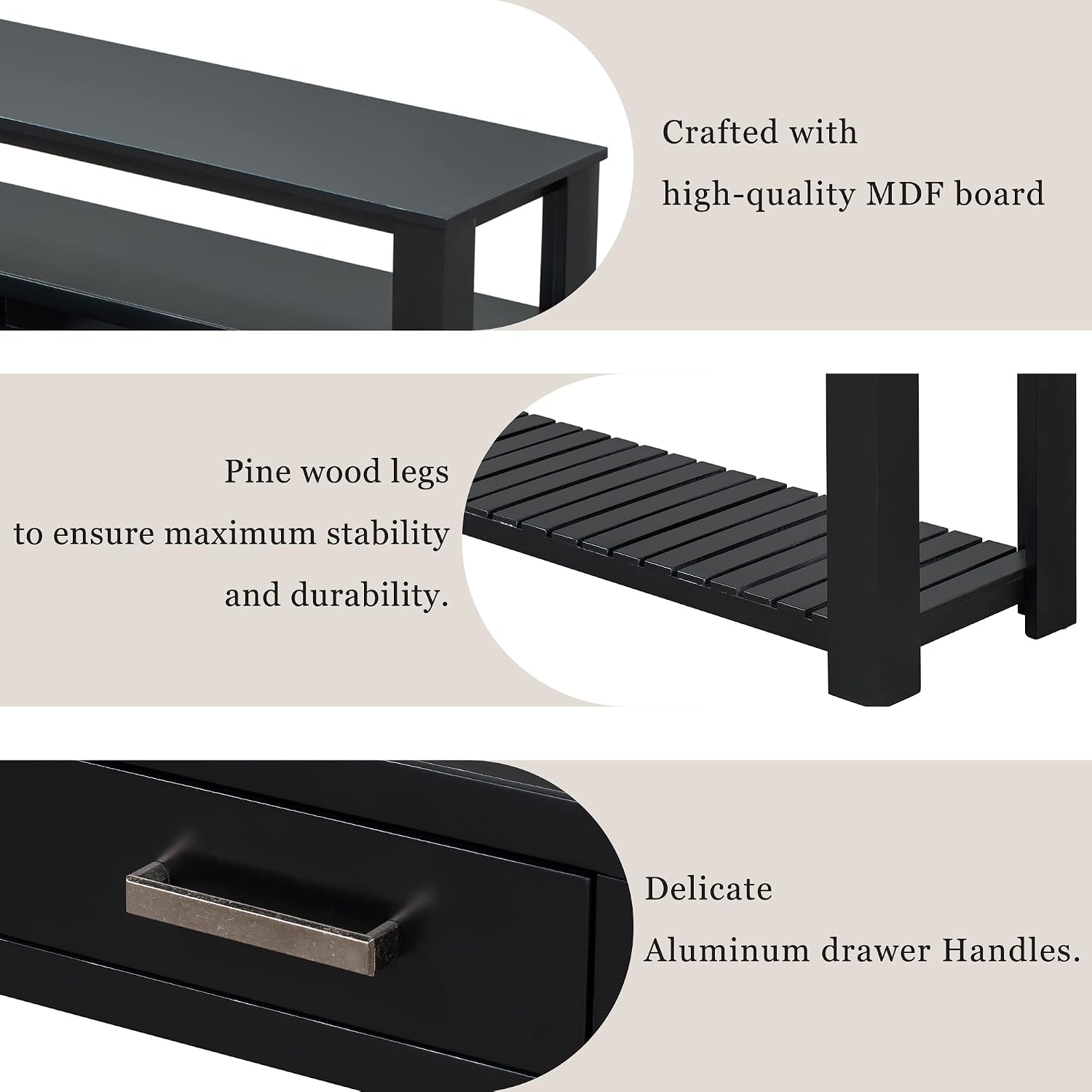62 in Black Console Table with 4 Drawers and 3-Tier Storage Shelves, Wood Modern Sofa Table Entryway Table Side Table for Entry Way, Hallway, Couch, Living Room, Kitchen, Foyer
