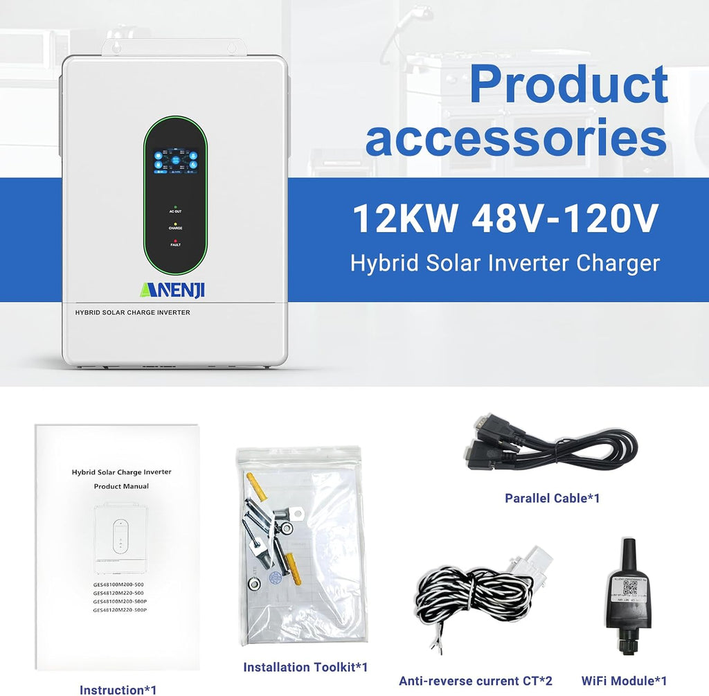 12000W Solar Hybrid Inverter 48V DC to 120V/240V AC Single Phase Split Phase Power Inverter, Pure Sine Wave, Built-in 2 MPPT Controller, Max. 220A Battery Charging, Parallel 6 Units, UL1741