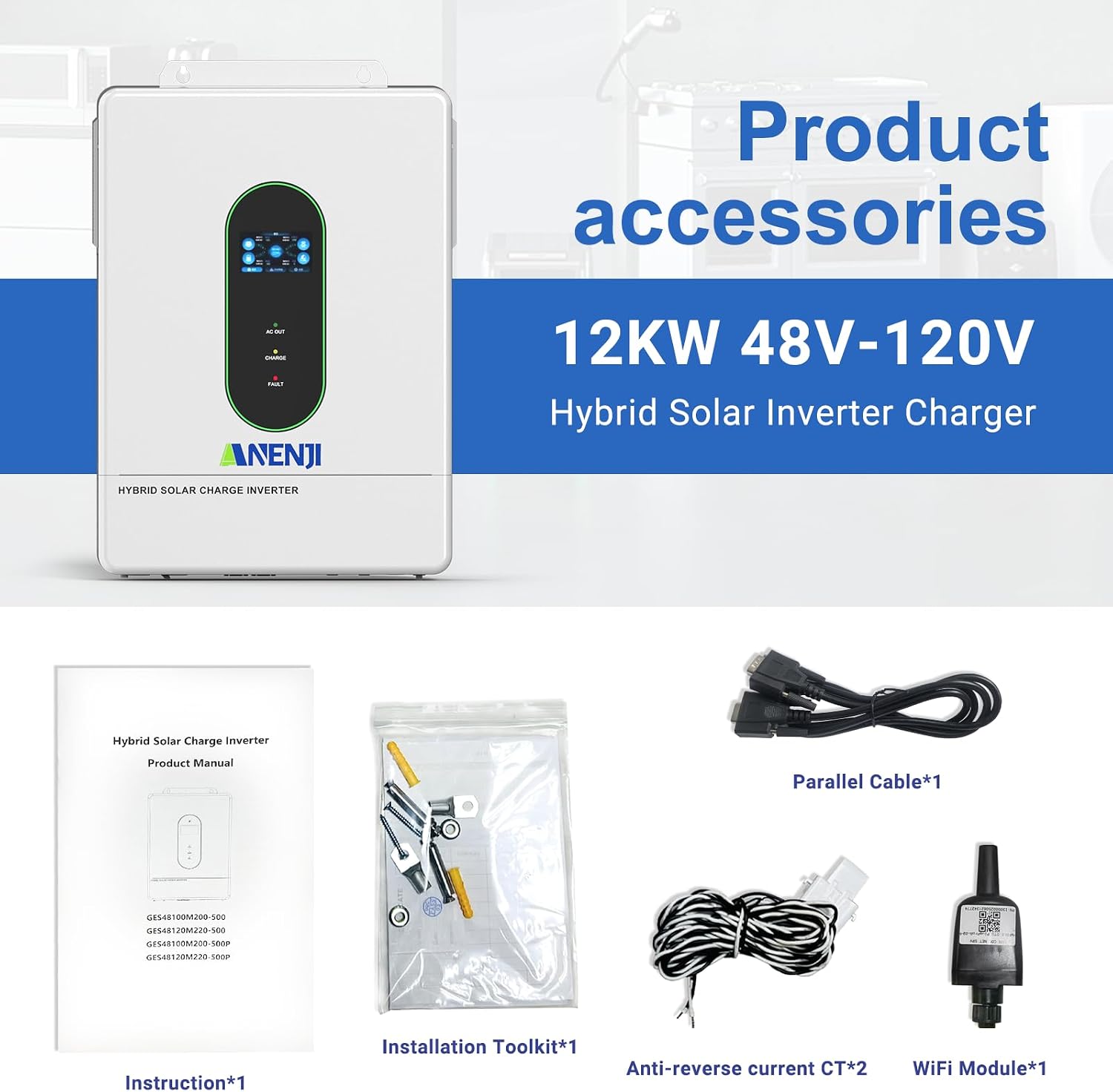 12000W Solar Hybrid Inverter 48V DC to 120V/240V AC Single Phase Split Phase Power Inverter, Pure Sine Wave, Built-in 2 MPPT Controller, Max. 220A Battery Charging, Parallel 6 Units, UL1741