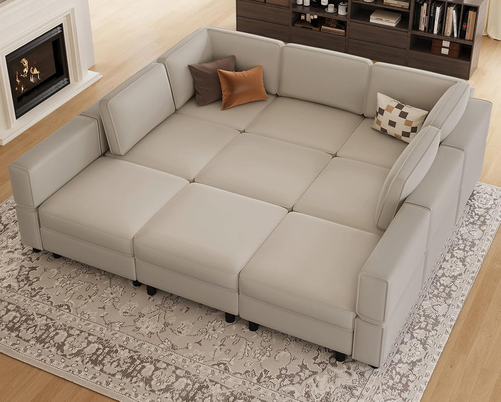 Belffin 88.6' 9 Seat Modular Sectional Sofa,Comfy Couch with Deep Storage Seat,Convertible Modular Sleeper Sofa with Movable Ottoman Chaise,Upholstered Sectional Couches for Living Room,Grey Velvet