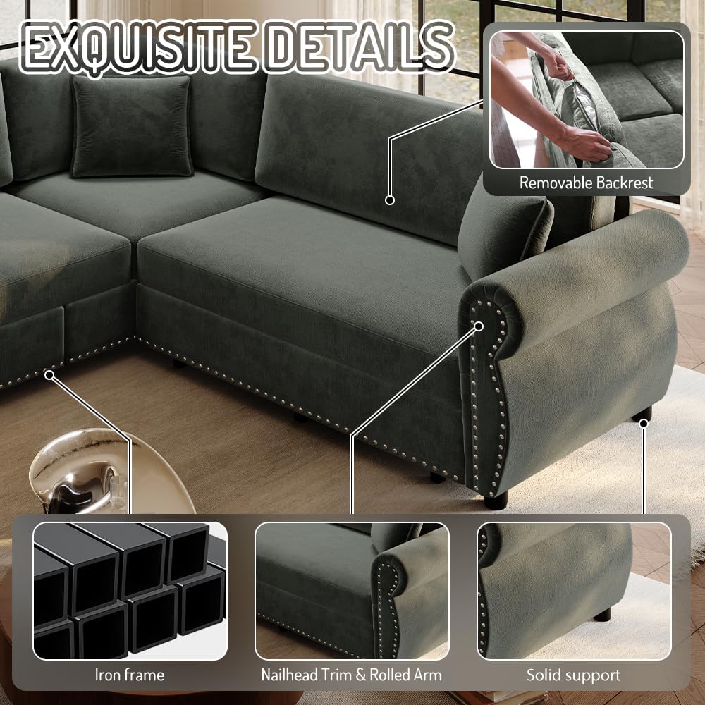 88.2' Pull Out Couch Bed King, L Shaped Convertible Sleeper Sofa, 4-Seater Couches with Rivet Armrests, 3 Pillows, Chenille Upholstery, Futon Sofa Bed for Living Room, Apartment, Office, Green