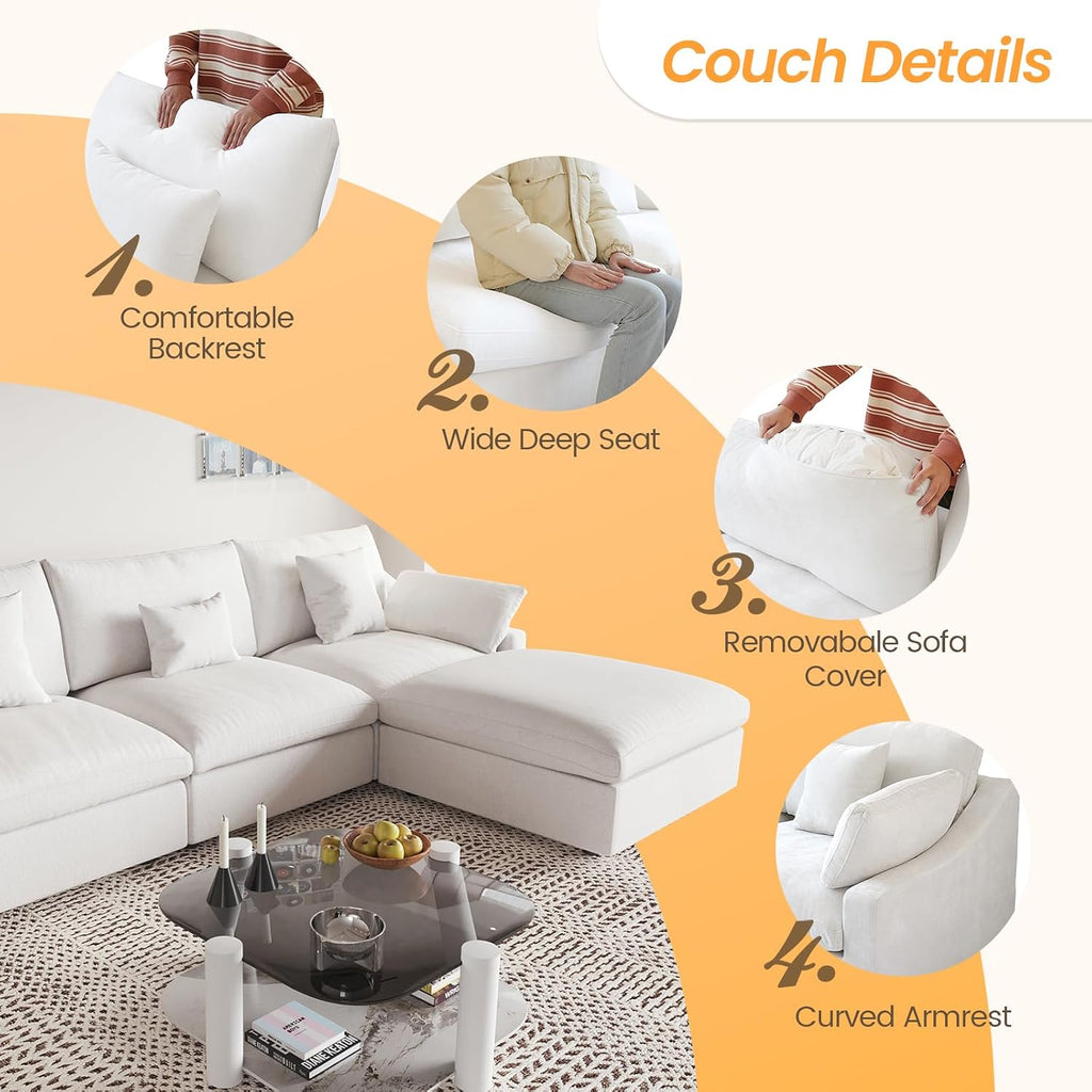 JACH Sectional Couches for Living Room, Cloud Sectional Couch with Deep Seat, Love Seat Modular Sofa with Chaise, Covers Removable & Washable, Sofas Furniture for Living Room, White