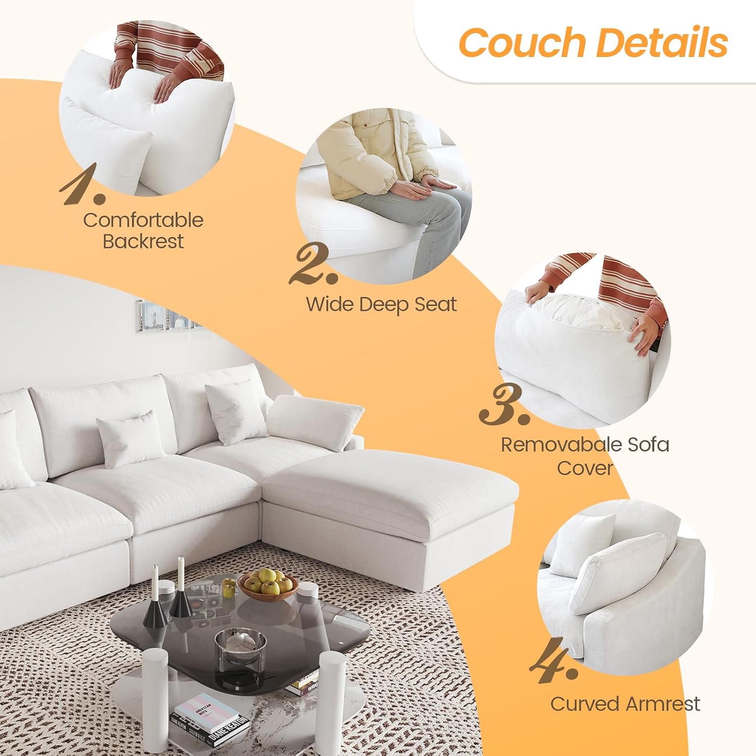 JACH U Shaped Sectional Couches, Cloud Sectional Couch with Deep Seat, 119' Down Filled Modular Sofa with Chaise, Covers Removable & Washable, Sofas Furniture for Living Room, White