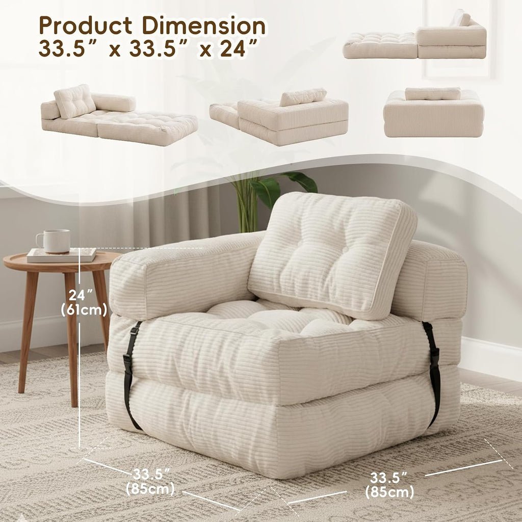 Folding Sofa Bed, L-Shaped Convertible Sleeper Chair Bed Mattress for Adults with Pillow, Foam Foldable Floor Lounge Couch Beds with Armrest for Living Room Bedroom Apartment Small Space, Beige