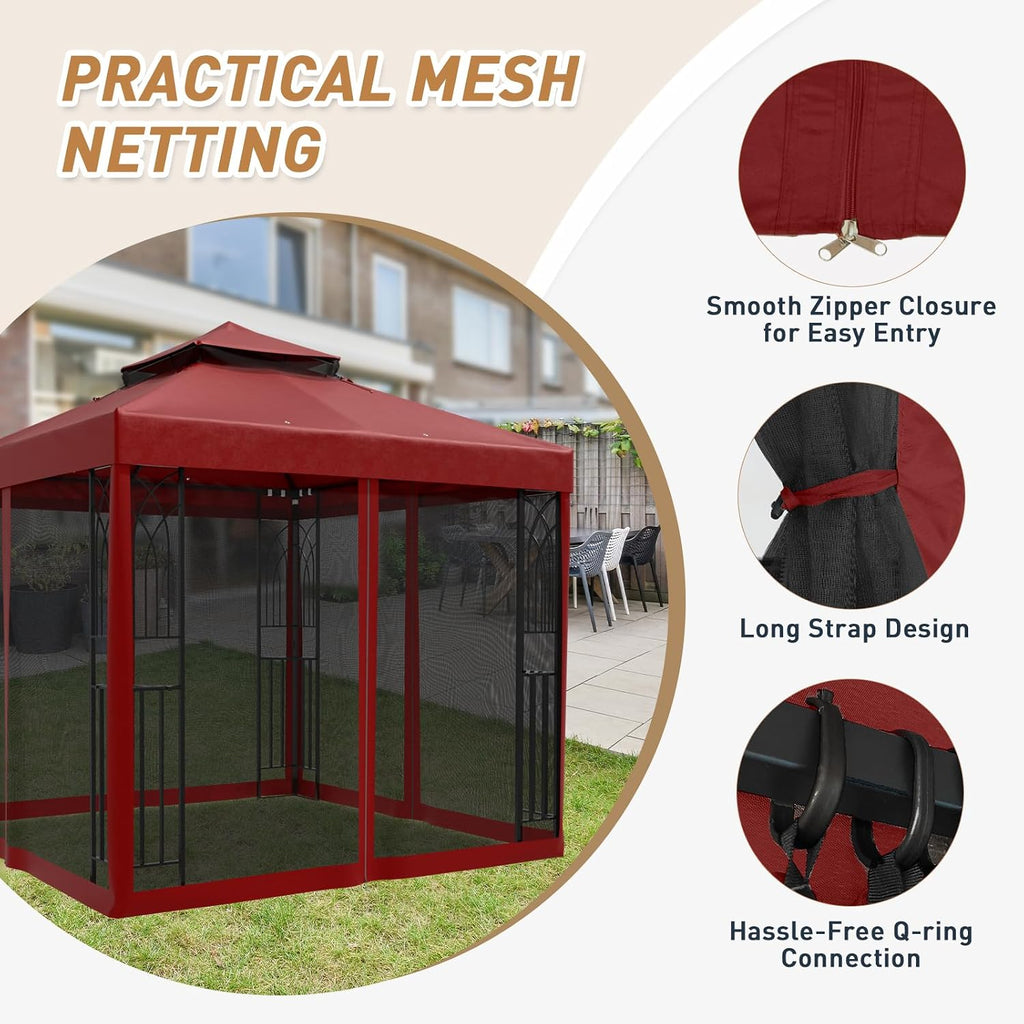 8x8 Outdoor Gazebo Tent with Netting and Corner Shelves, Double Roof Patio Gazebo with Soft Fabric Top, Outdoor Pavilion for Backyard Patio Garden Lawn, Red
