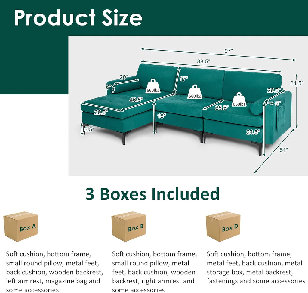 Giantex 97' Couch, Sectional Sofa, L-Shaped Modular Sleeper with Convertible Chaise Lounge, USB Ports, 3-Hole Socket, Hidden Storage Box, 2 Bolsters, Family Apartment Living Room Bedroom Office (Teal)