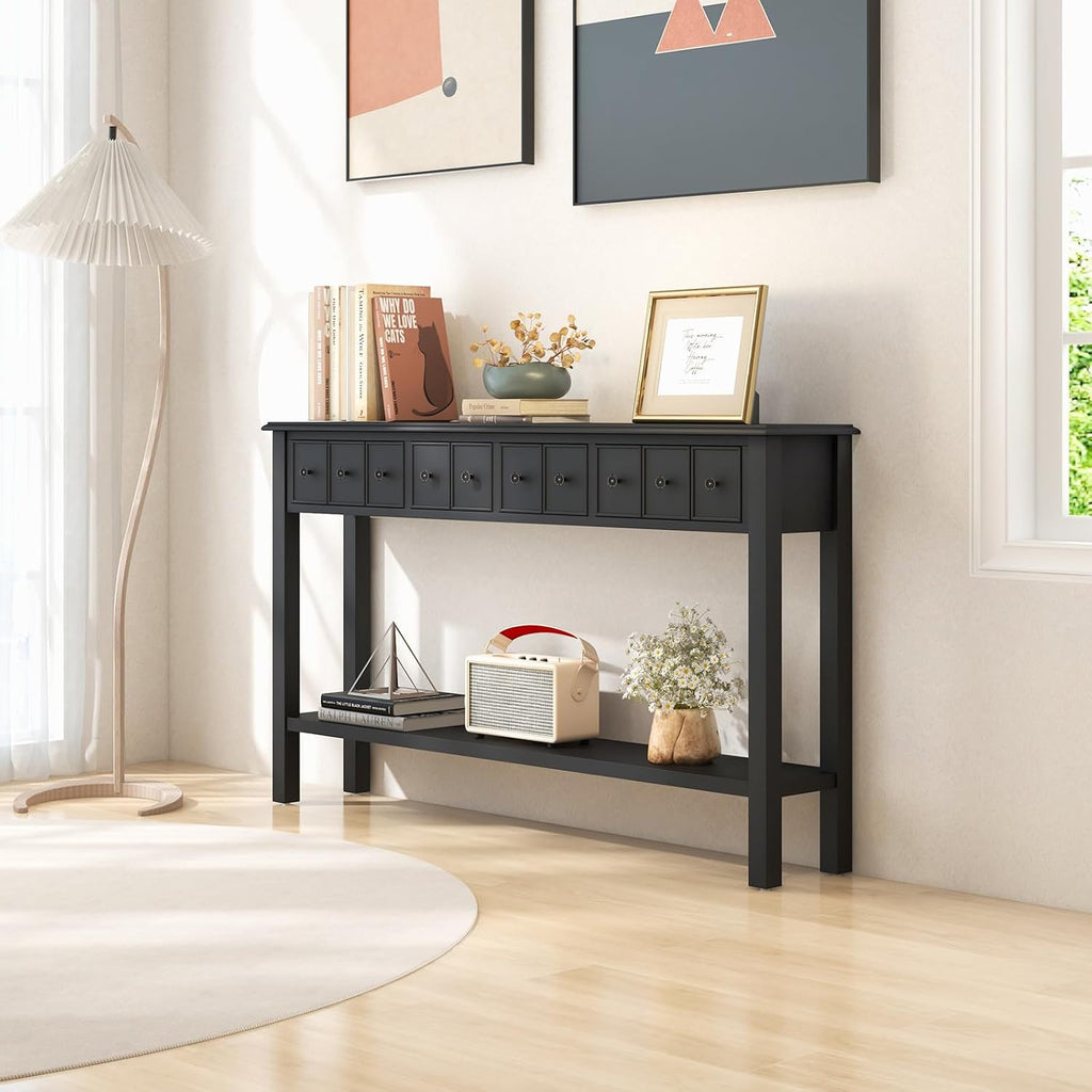 Giantex Narrow Console Table with Storage - 60' Long Sofa Side Table w/ 4 Drawers & Open Shelf, Solid Wood Legs, Rectangular Entry Table, Retro Entryway Table for Living Room Hallway, Foyer, Black