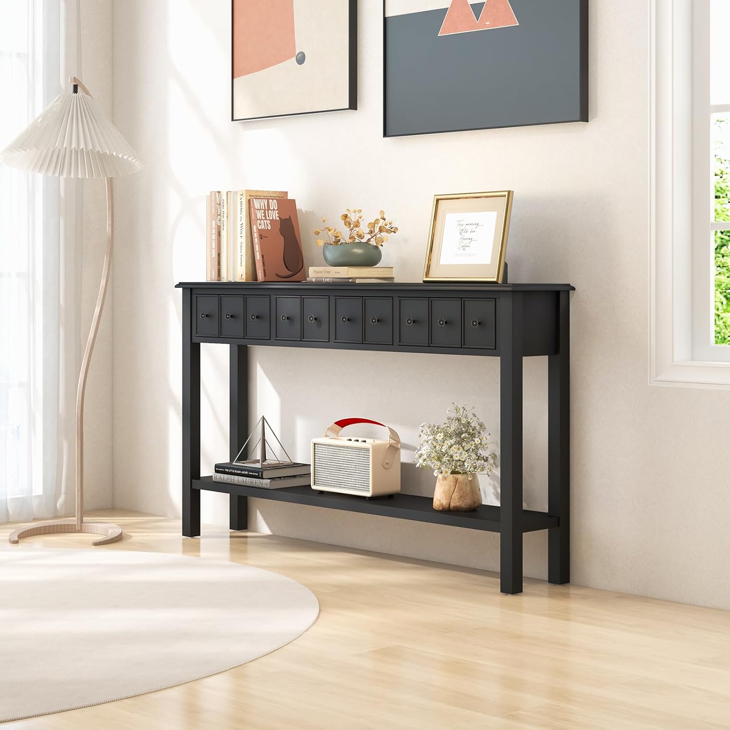 Giantex Narrow Console Table with Storage - 60' Long Sofa Side Table w/ 4 Drawers & Open Shelf, Solid Wood Legs, Rectangular Entry Table, Retro Entryway Table for Living Room Hallway, Foyer, Black