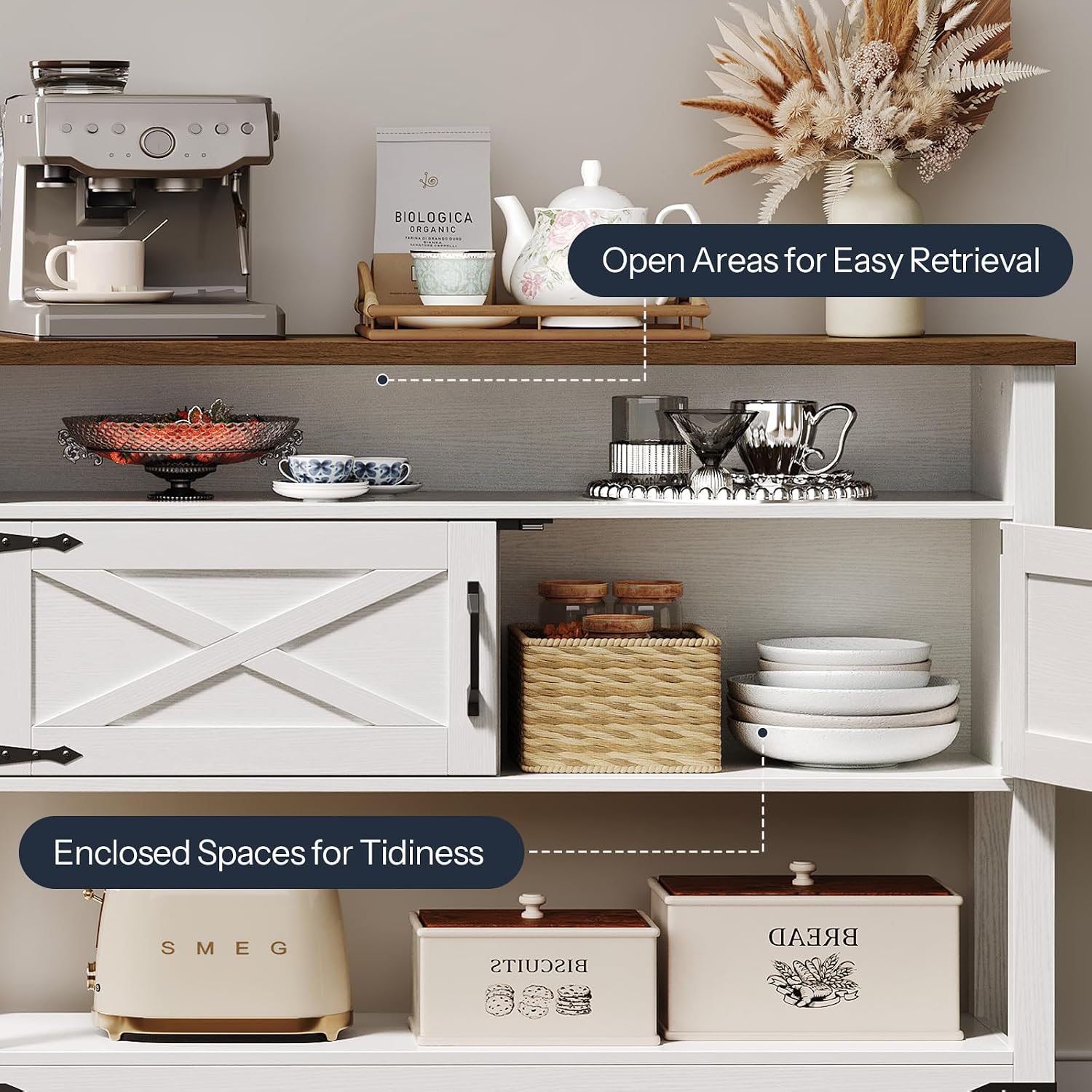 HOOBRO Farmhouse Console Table with Storage, 47.2' Long Entryway Table, White Sofa Table with Doors and Cabinets, Narrow Sofa Table Behind Couch, for Hallway, Foyer, White and Walnut