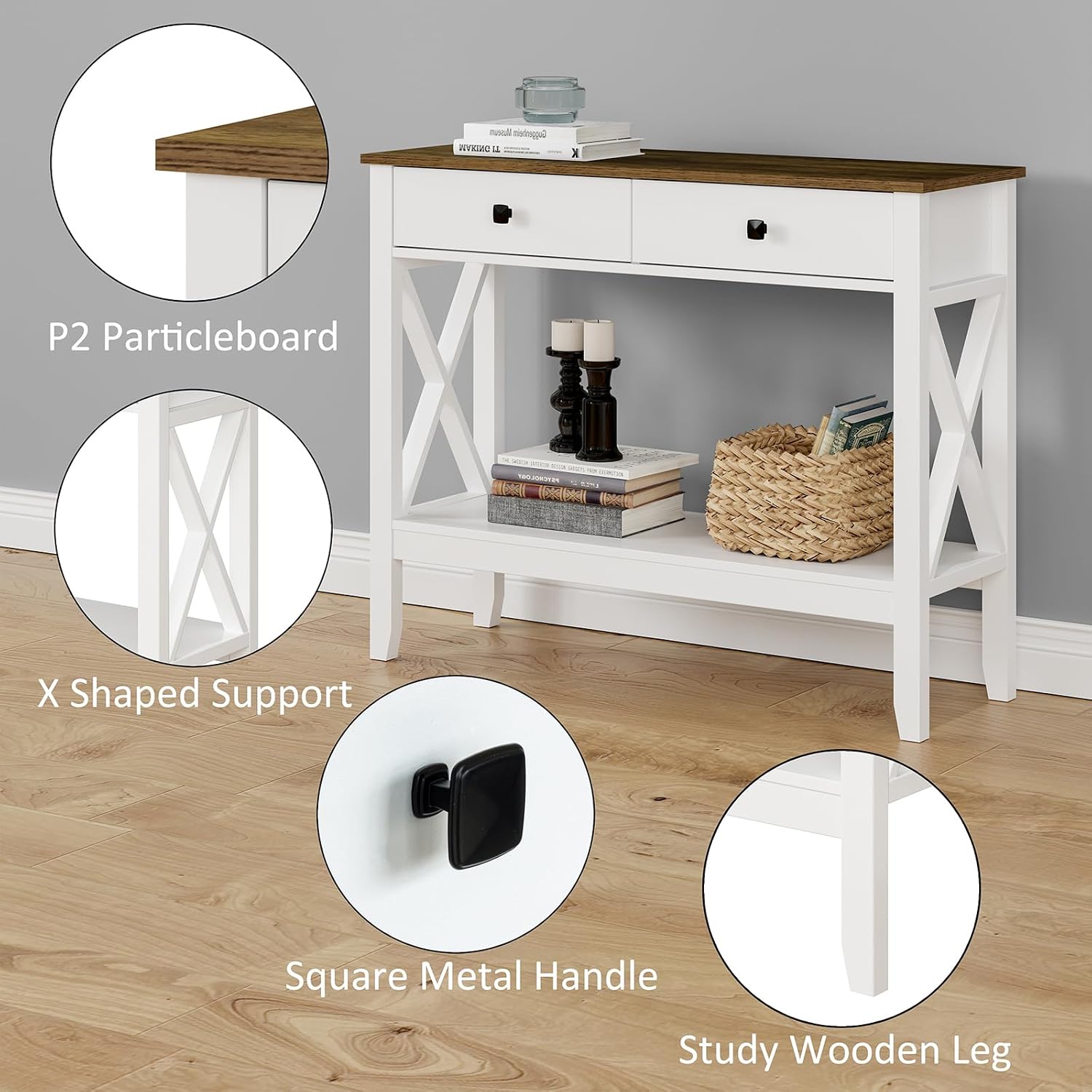 Lomojo Console Table,Sofa Table 13.8' D x 39.37' W x 31.5' HEntryway Table with 2 Drawers Storage Shelve Foyer Table for Entryway Farmhouse Hallway Tables (White)