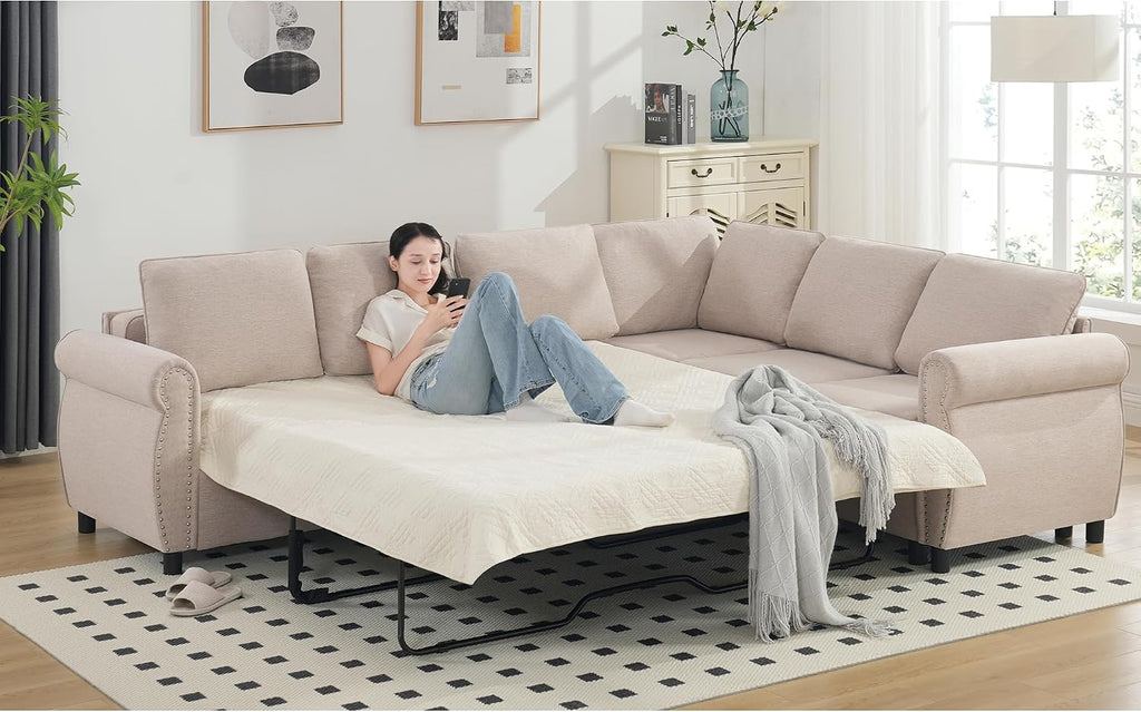 104'' Pull Out Couch, Convertible Sleeper Sofa Bed Queen, Upholstered Sectional Sofa with Mattress, 6-Seater L-Shaped Couch, Modern Sectional Couches for Living Room, Apartment, Studio, Beige